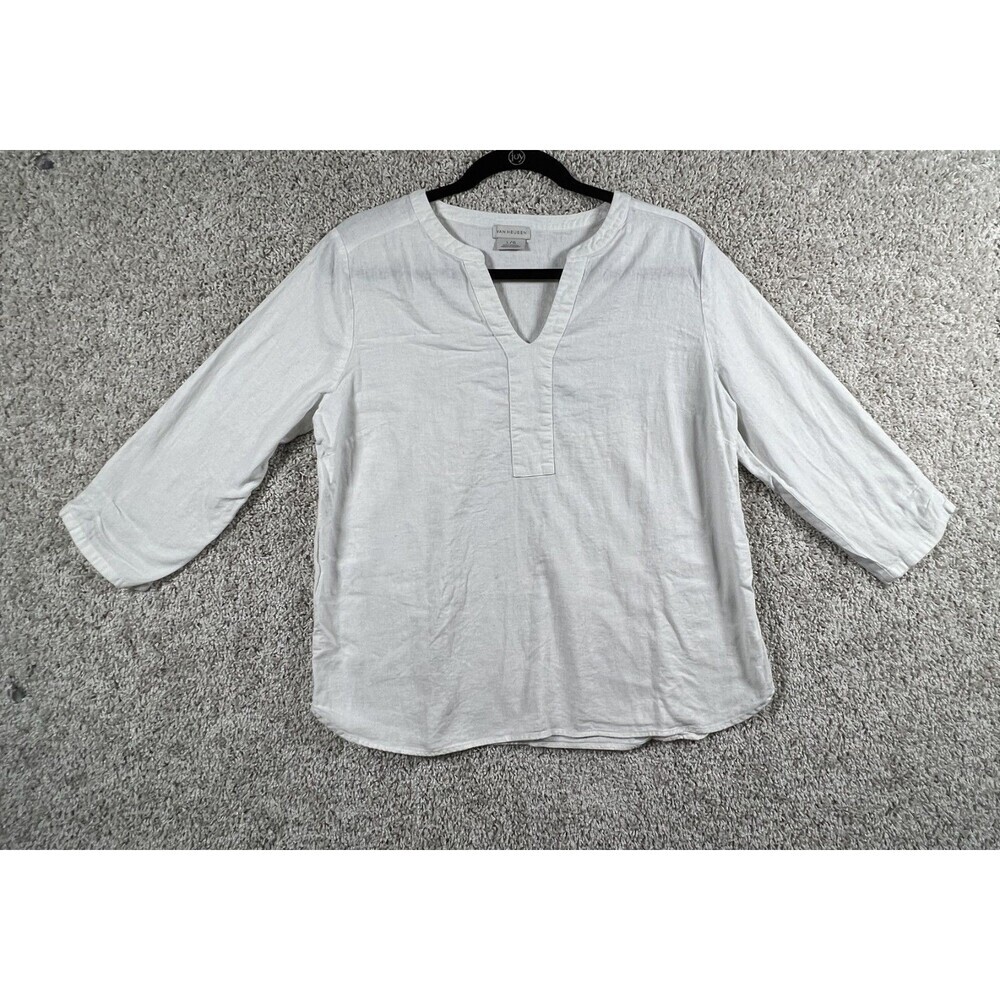 Van Heusen Linen Blend White Tunic Blouse Women Large 3/4 Sleeve Casual
